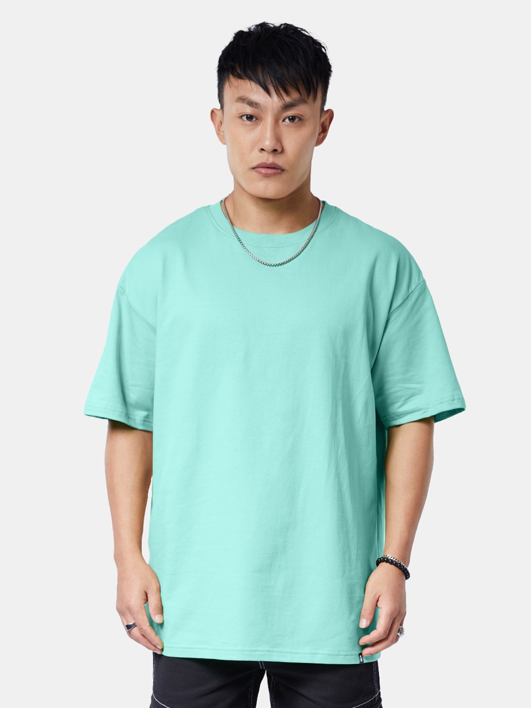 

The Souled Store Round Neck Drop-Shoulder Pure Cotton Oversized T-shirt, Turquoise blue
