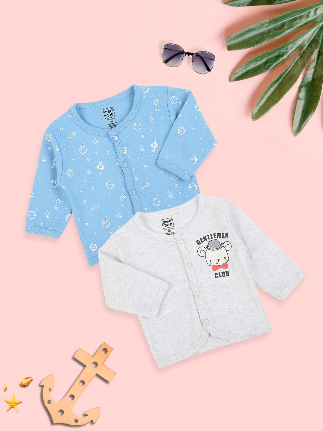 

MeeMee Infant Boys Pack Of 2 Printed Pure Cotton Innerwear Jabla Vests, Blue