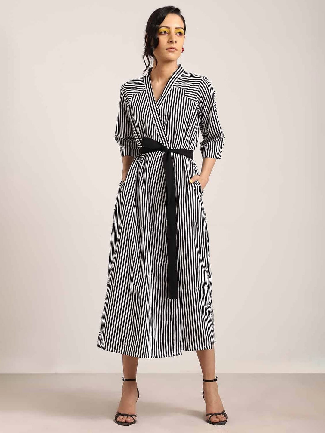 

Taggd Black Striped A-Line Midi Dress