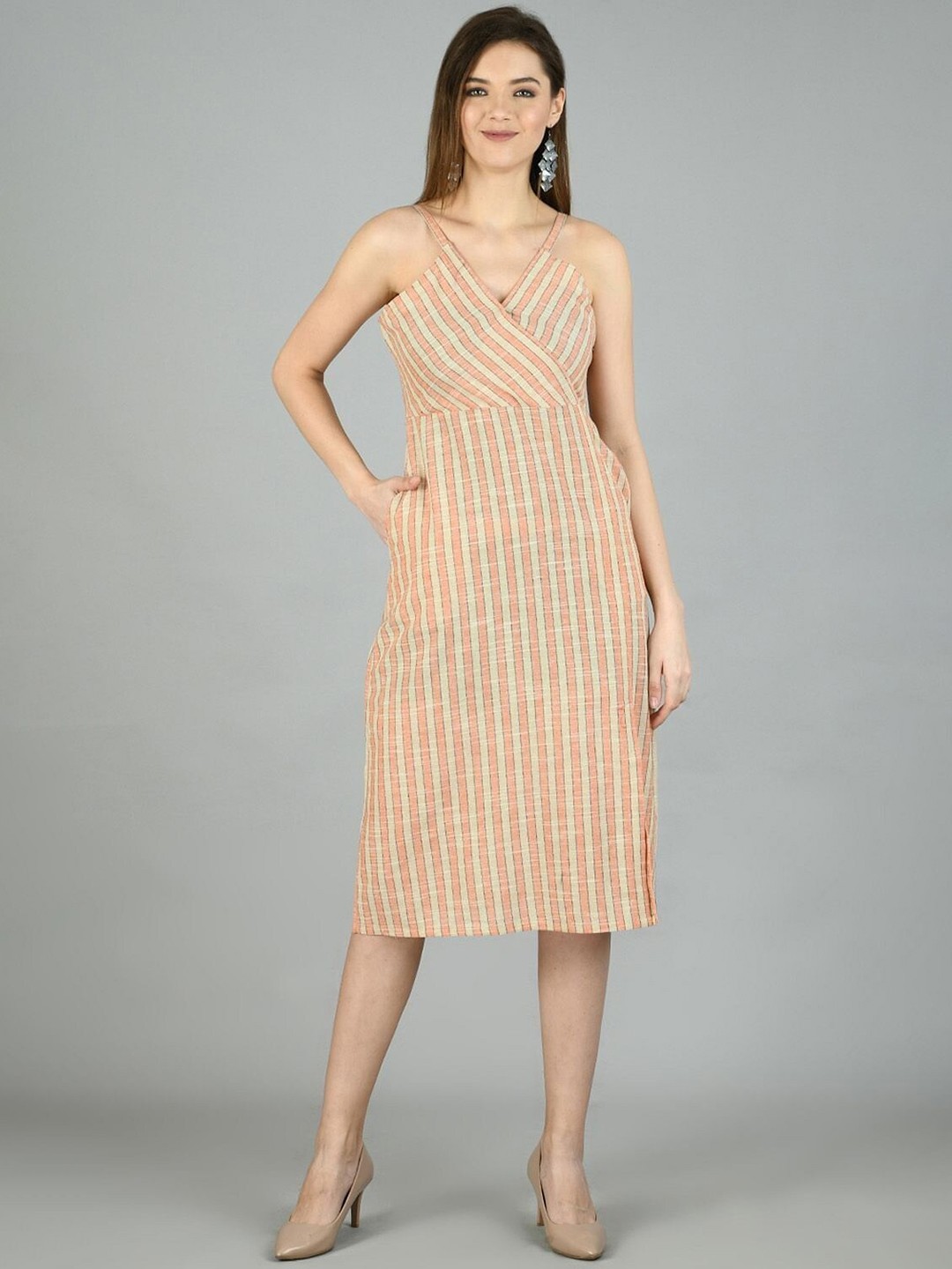 

Taggd V-Neck Striped A-Line Dress, Beige