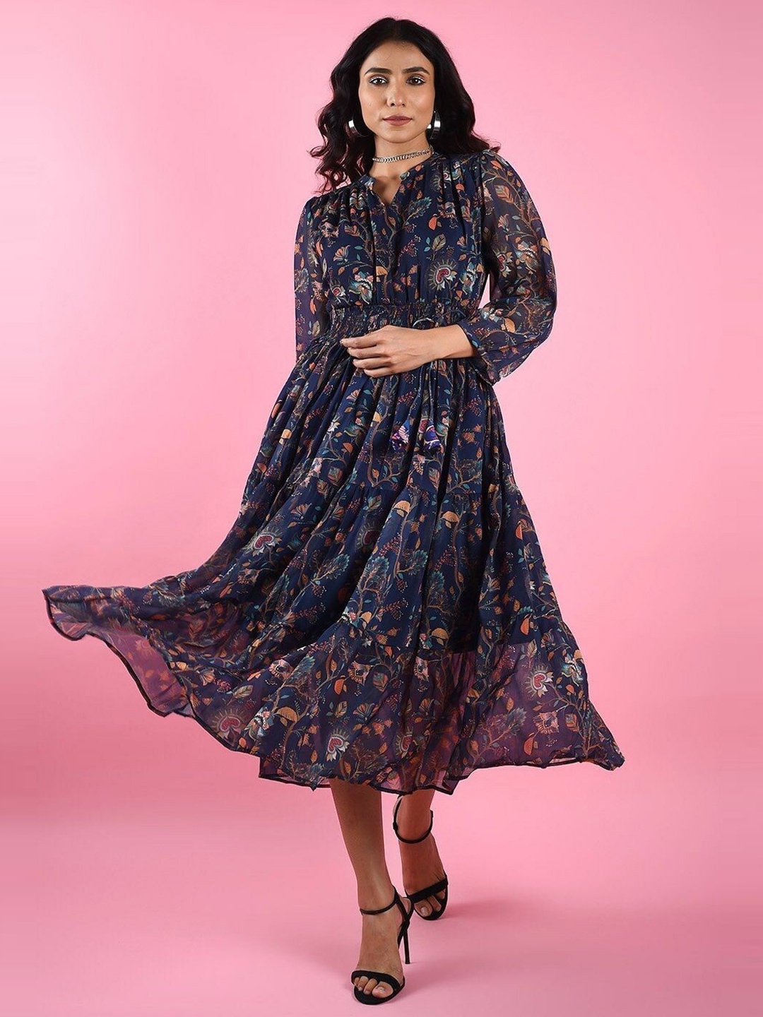 

Taggd Floral Printed Fit & Flare Midi Dress, Navy blue
