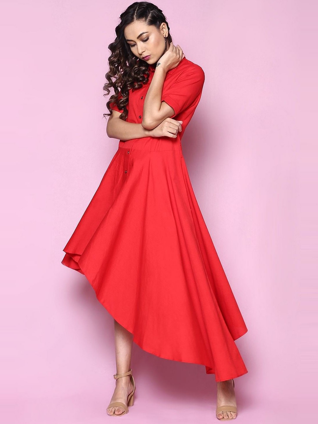 

Taggd Shirt Collar Crepe Maxi Dress, Red