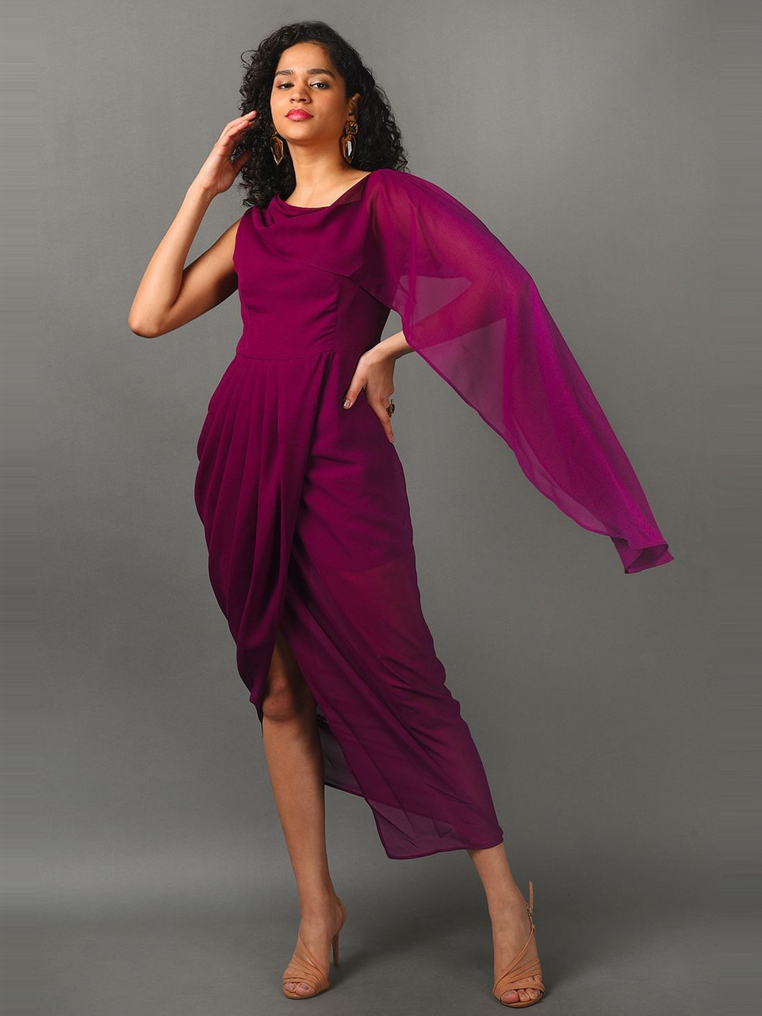 

Taggd Slit Sleeve Georgette A-Line Midi Dress, Purple