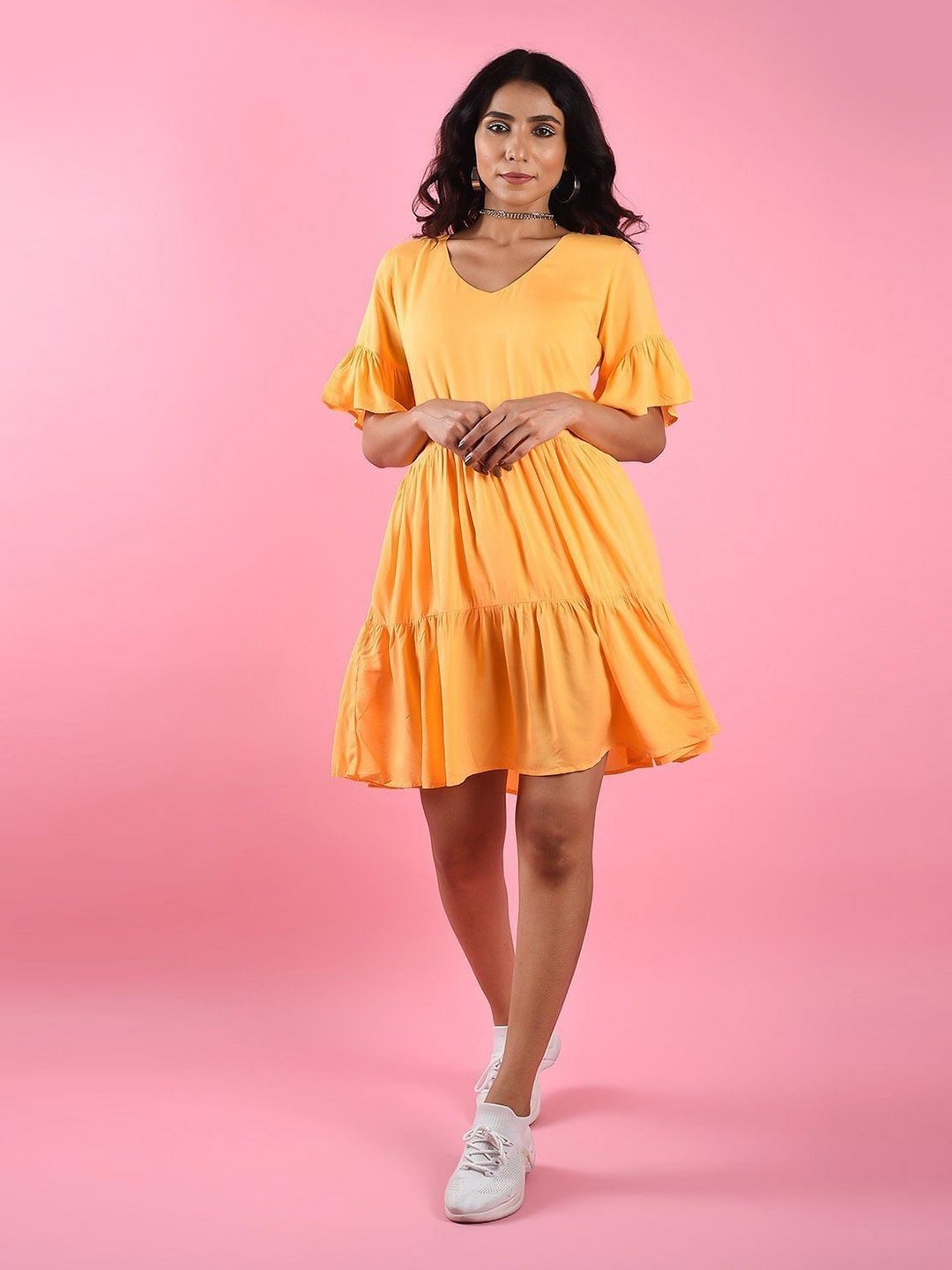 

Taggd Bell Sleeves V-Neck Cotton Fit & Flare Dress, Mustard