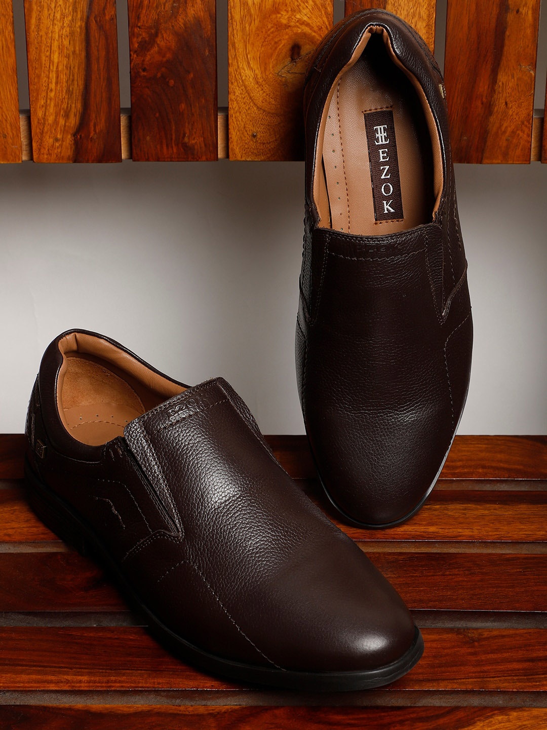

EZOK Men Textured Leather Formal Slip-On Shoes, Brown
