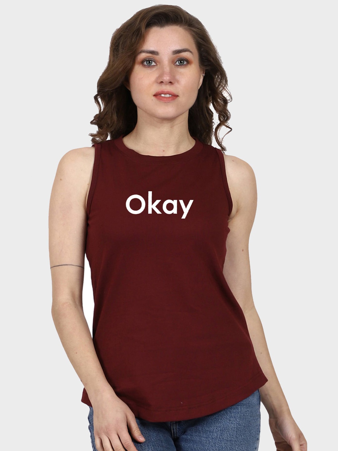 T-SHIRT TRUCK Typography Printed Sleeveless Cotton T-Shirt, Maroon