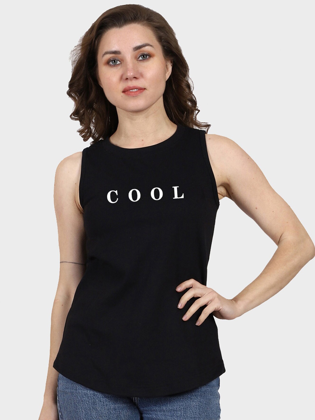 T-SHIRT TRUCK Typography Printed Sleeveless Cotton T-shirt, Black