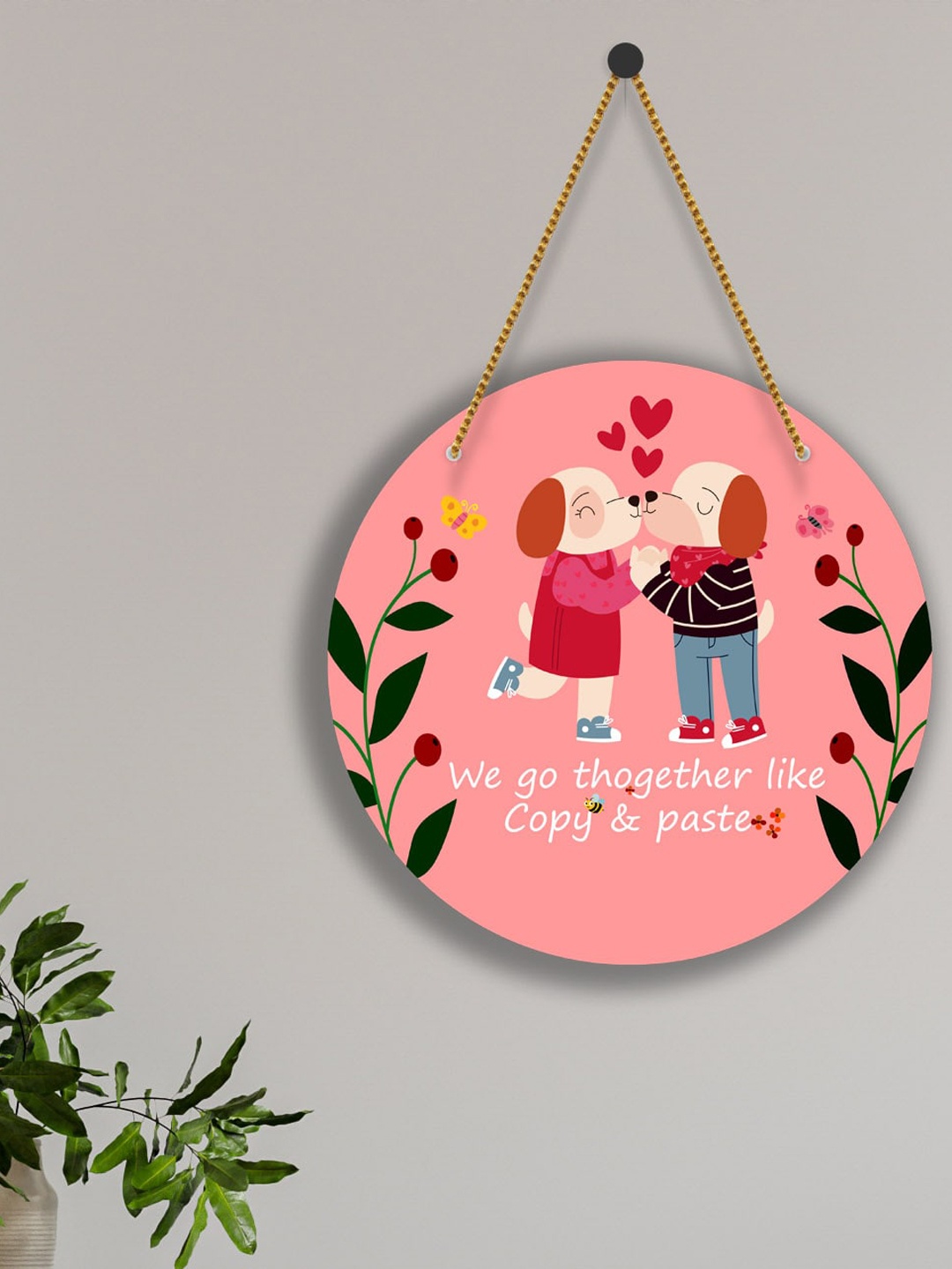 

SAF Pink & Green Love Couple Printed Round Shaped Wall Hanging With Zardoori