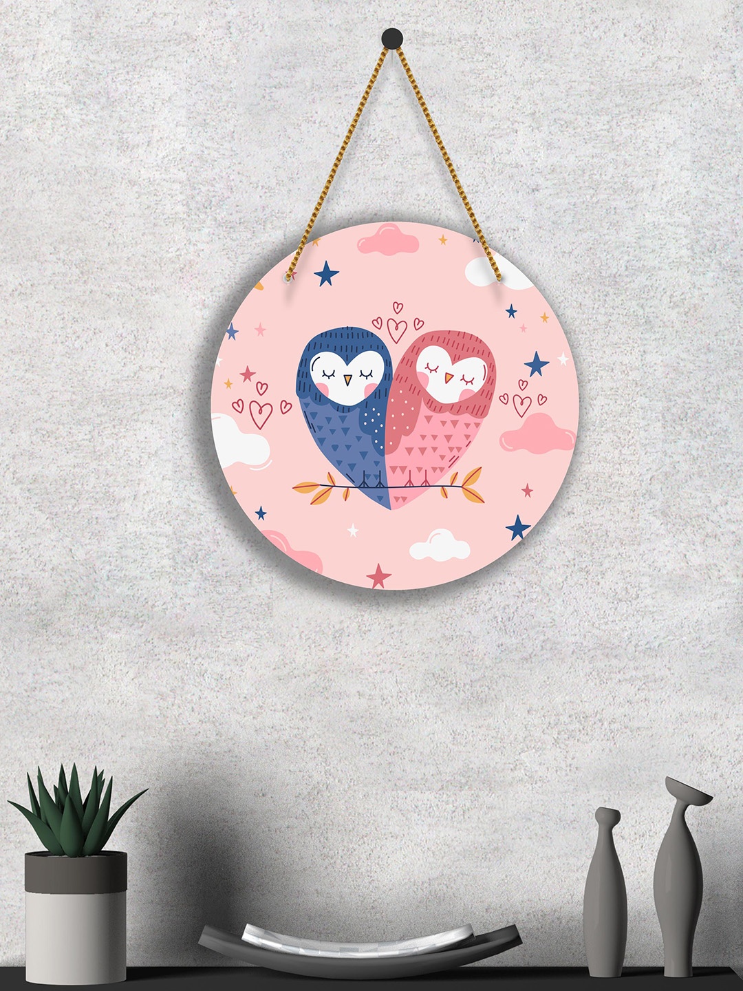 

SAF Pink & Blue Love Couple Printed Round Shaped Wall Hanging With Zardoori