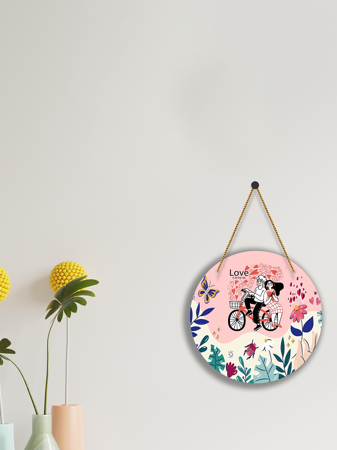 

SAF Pink & Green Love Couple Printed Round Shaped Wall Hanging With Zardoori