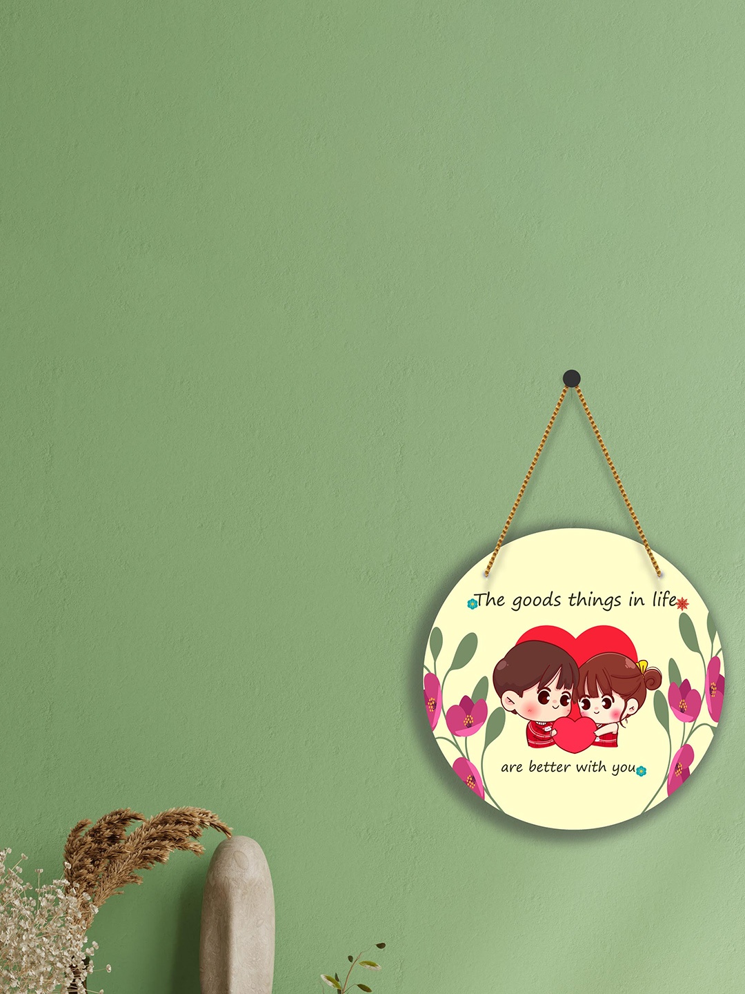 

SAF Yellow & Red Love Couple Printed Round Shaped wall hanging With Zardoori
