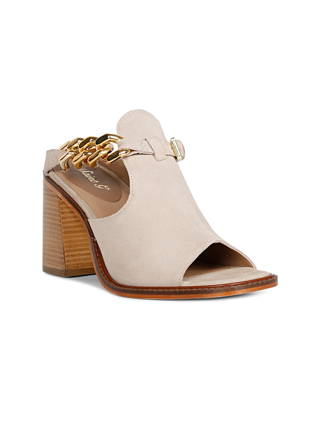 

Saint G Embellished Leather Block Heel Mules, Beige