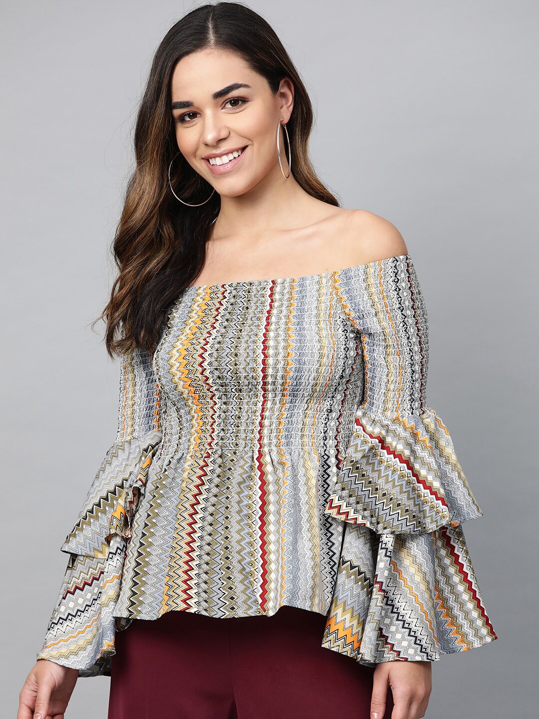 

Damor Vertical Striped Off-Shoulder Bell Sleeves Bardot Top, Grey