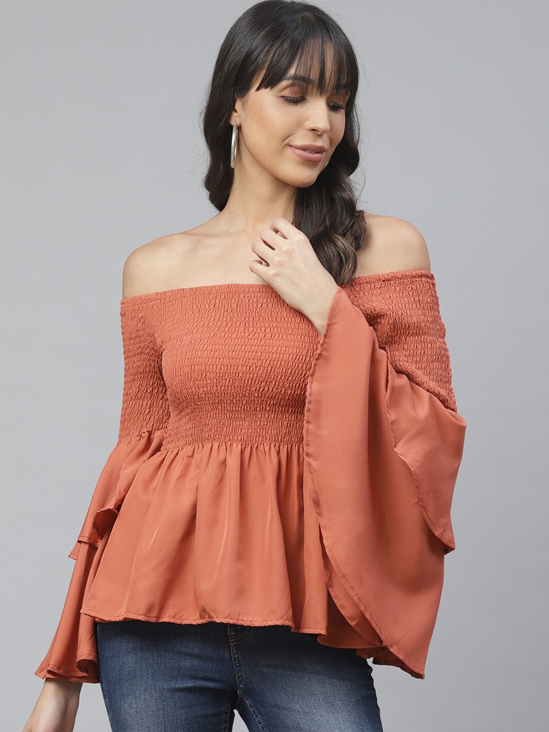 

Damor Brown Off-Shoulder Flared Sleeve Bardot Top