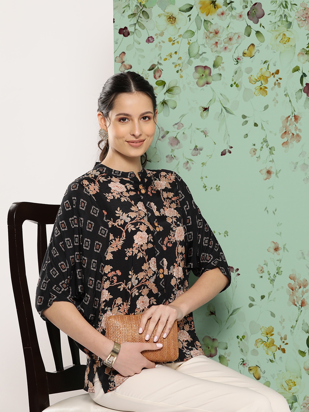 

Nayam By Lakshita Floral Print Extended Sleeves Boxy Top, Black