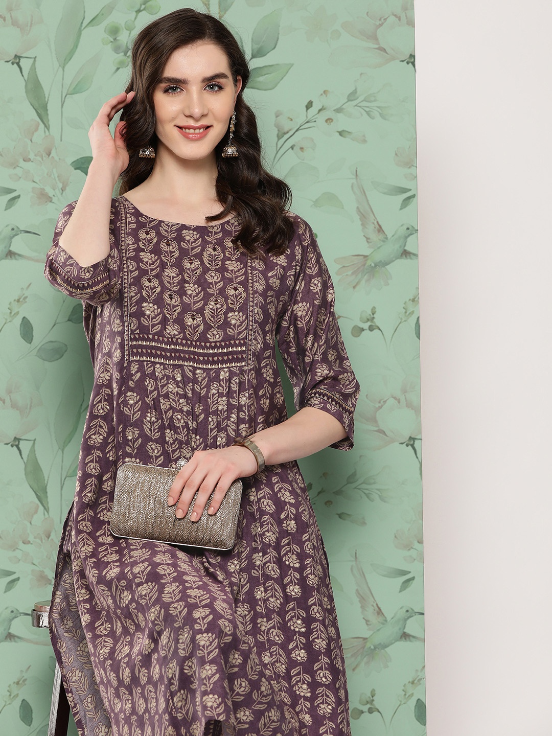 

Nayam By Lakshita Women Floral Printed Pleated Kurta with Trousers, Purple