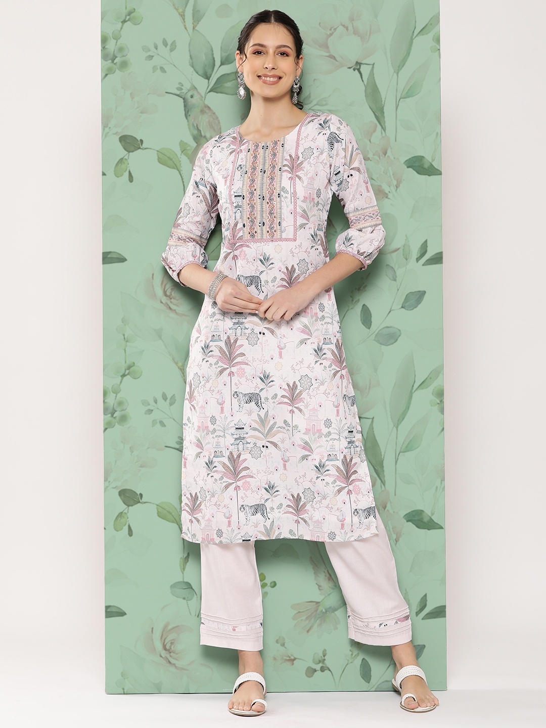 

Nayam By Lakshita Women Floral Printed Regular Kurta with Palazzos, Cream