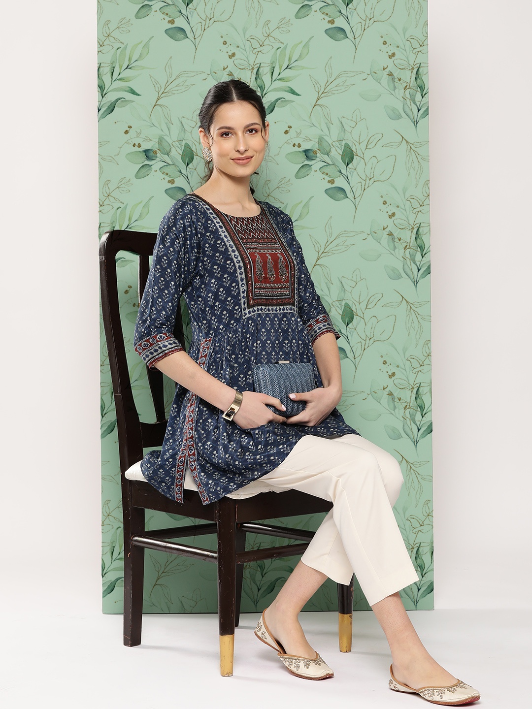 

Nayam By Lakshita Printed Boat Neck Sequinned Kurti, Blue