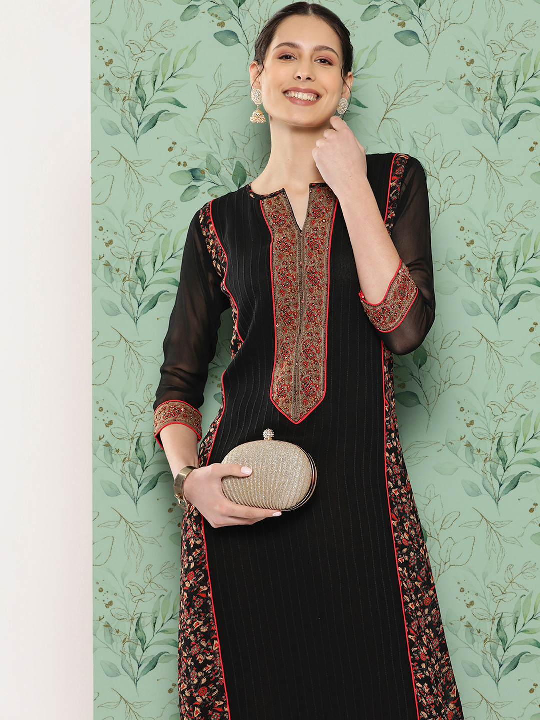

Nayam By Lakshita Women Floral Printed Thread Work Georgette Kurta, Black