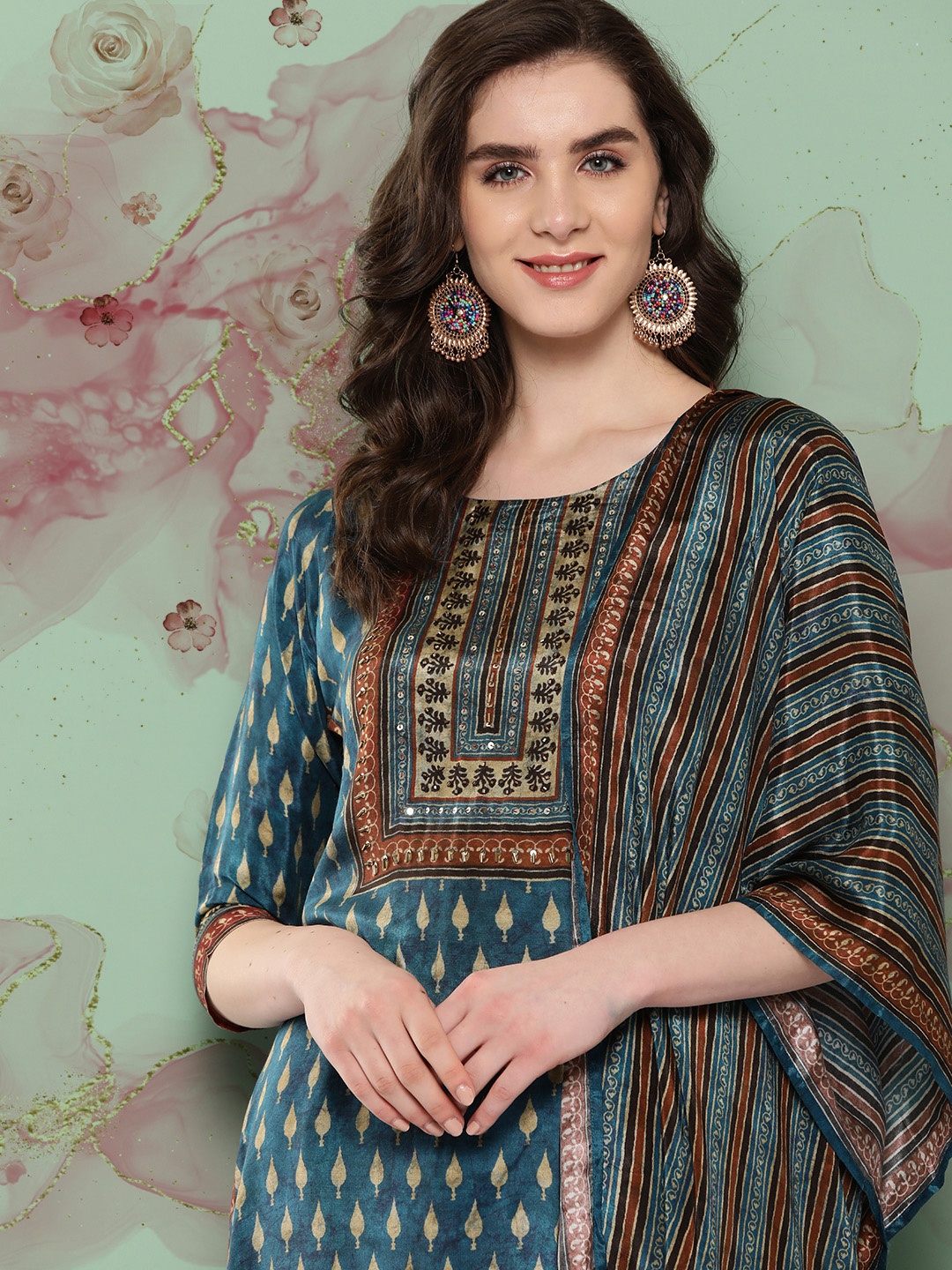 

Nayam By Lakshita Women Embroidered High Slit Kurta with Salwar & Dupatta, Teal
