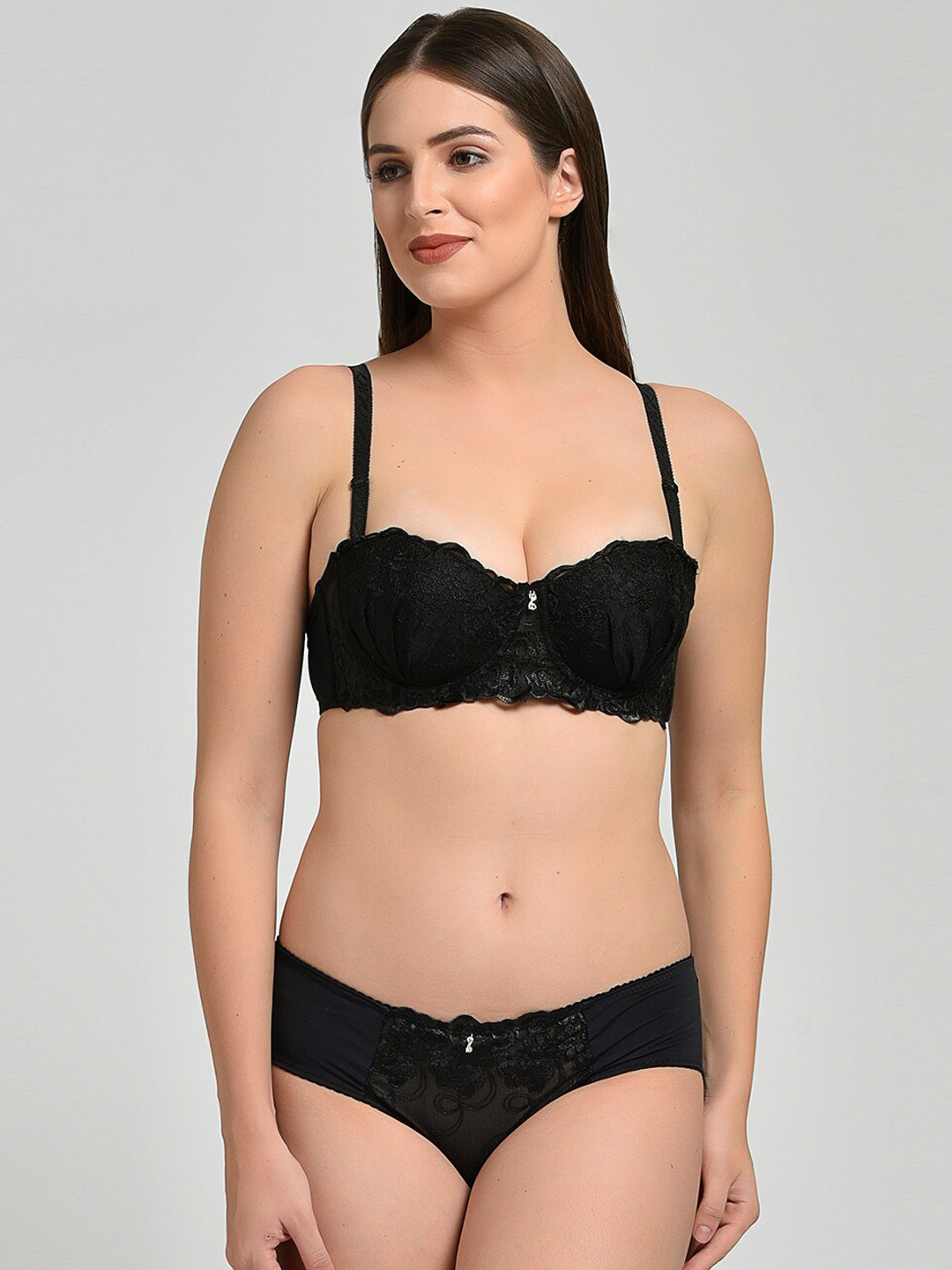 

MAKCLAN Lightly Padded Underwired Self Design Balconette Lace Lingerie Set, Black