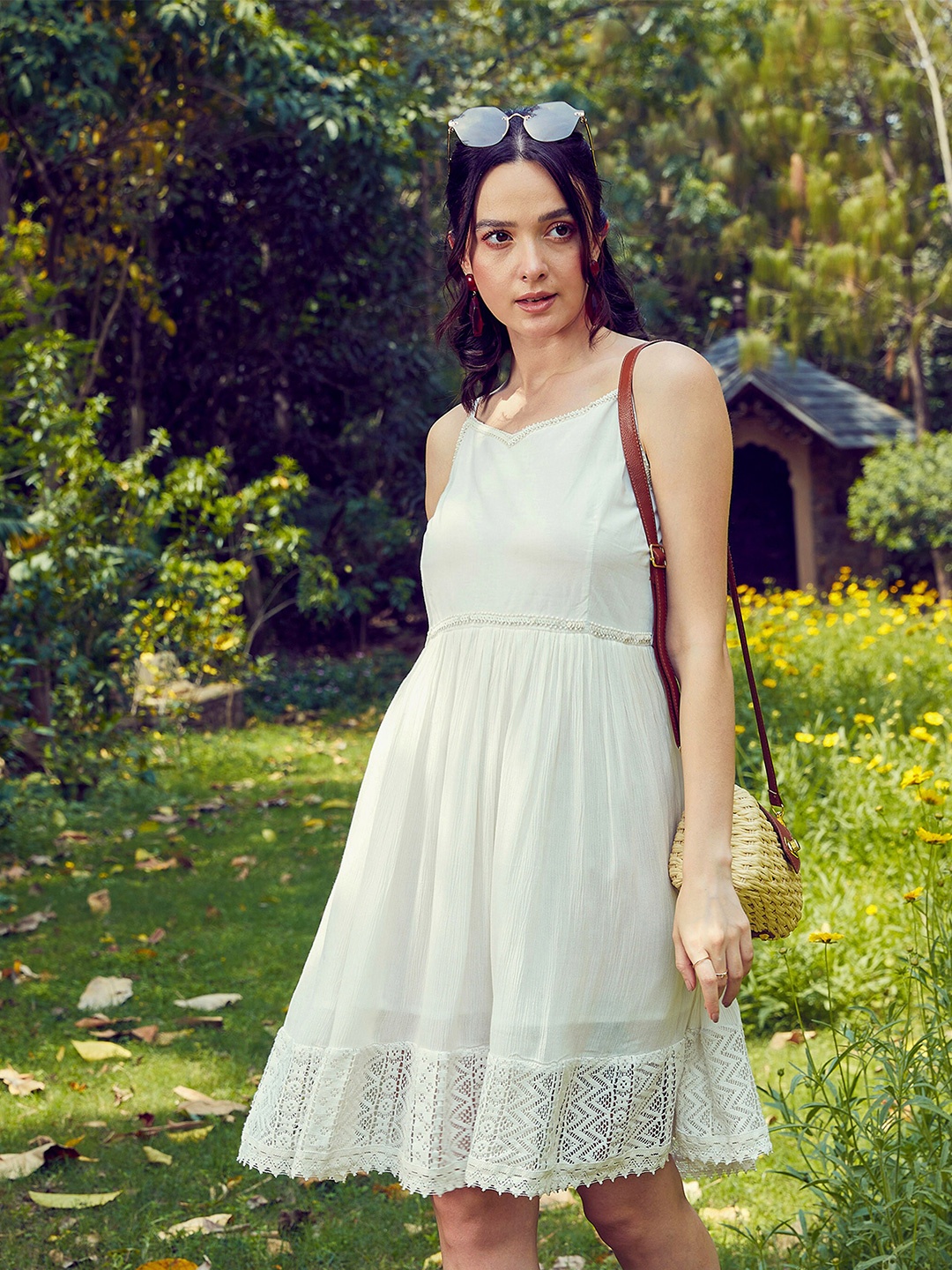 

SASSAFRAS White Shoulder Strap Fit & Flare Dress