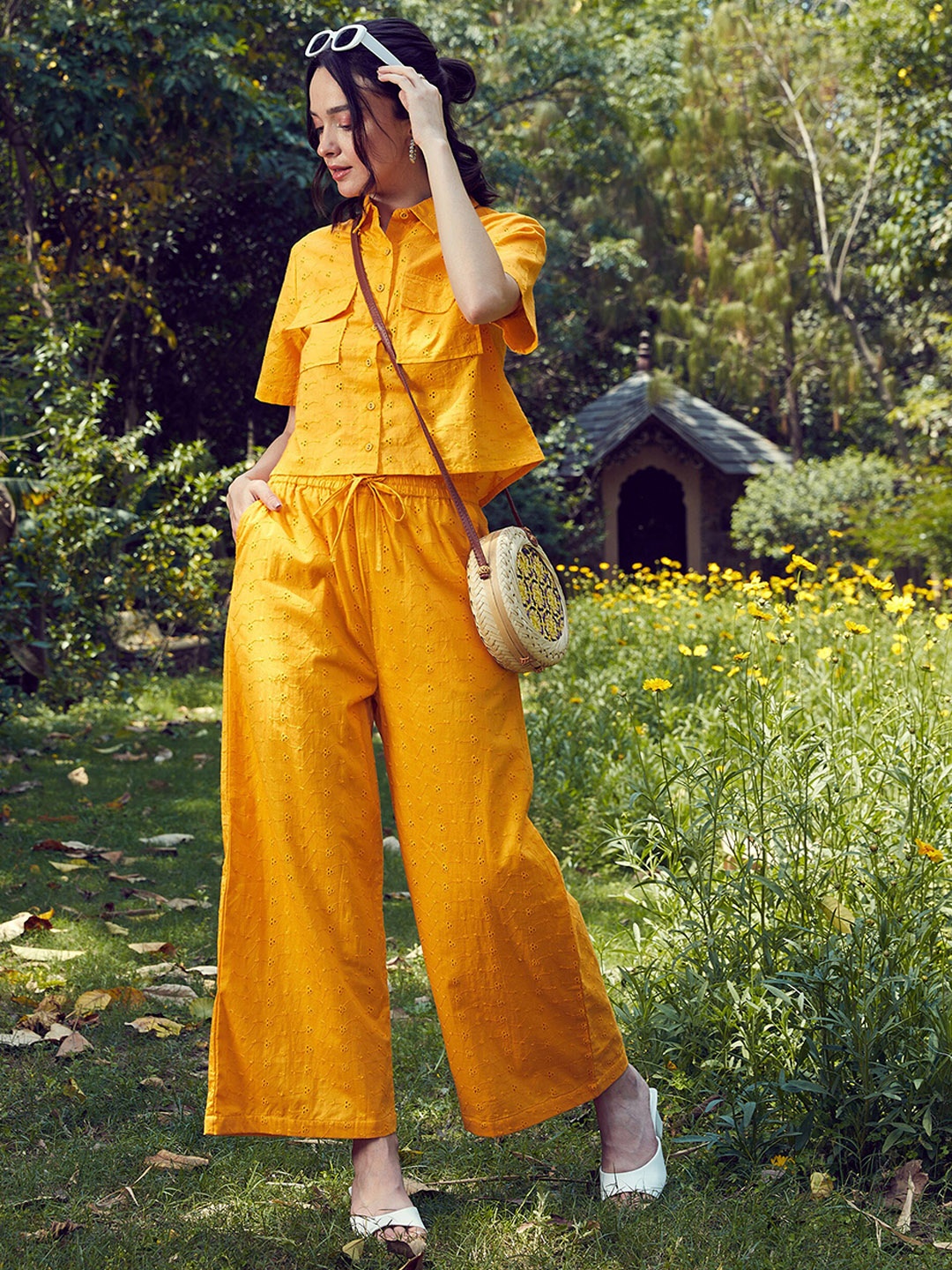 

SASSAFRAS Mustard Yellow Schiffli Pure Cotton Crop Shirt & Wide Leg Trousers