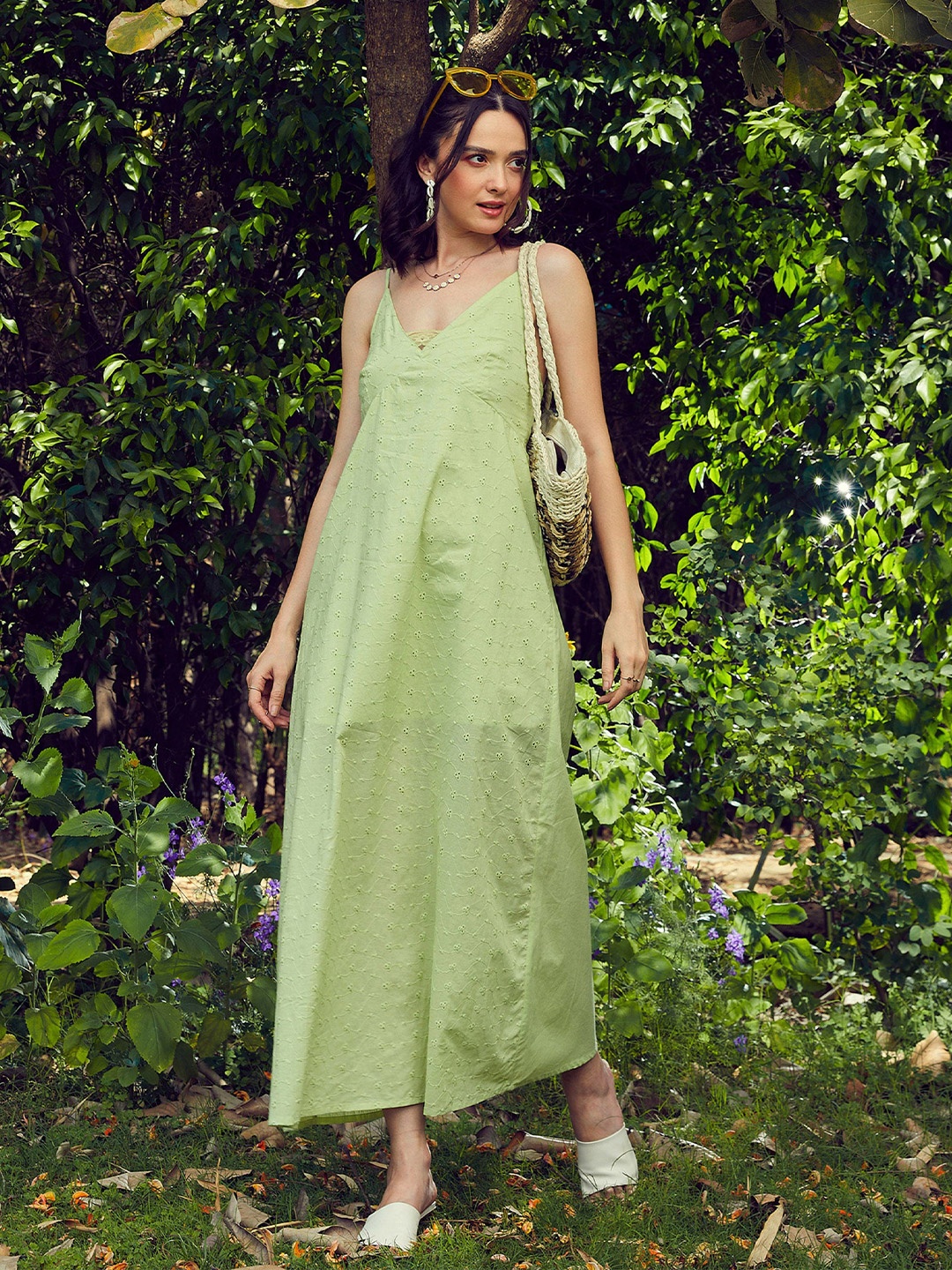 

SASSAFRAS Lime Green Self Design Schiffli Pure Cotton A-Line Midi Dress