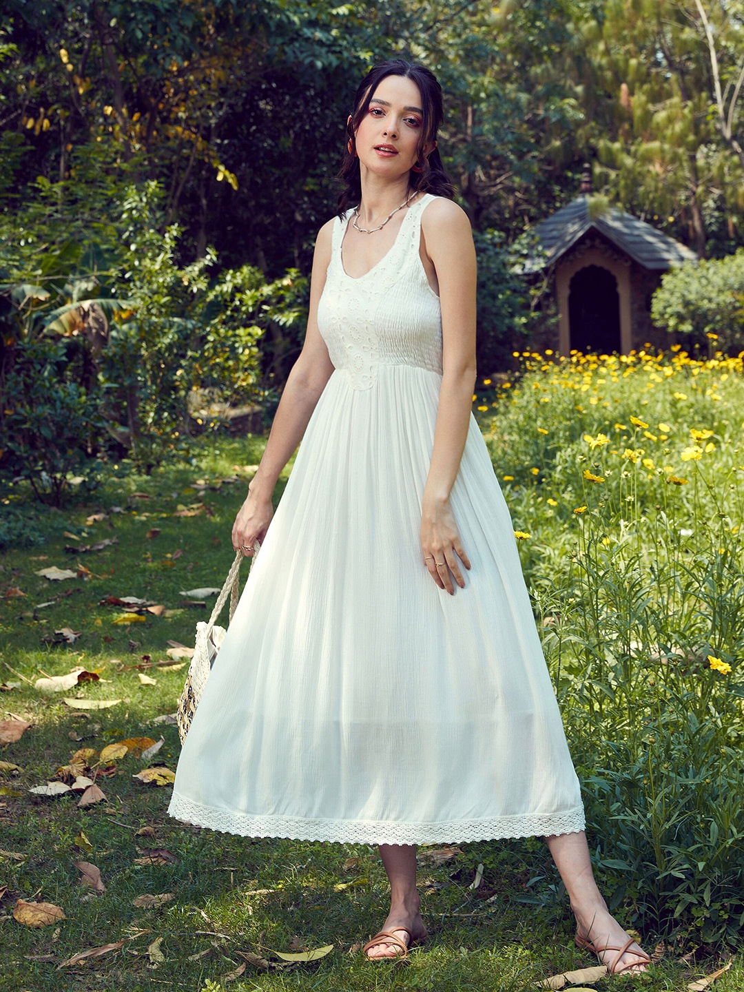 

SASSAFRAS White Schiffli Smoked Fit & Flare Midi Dress