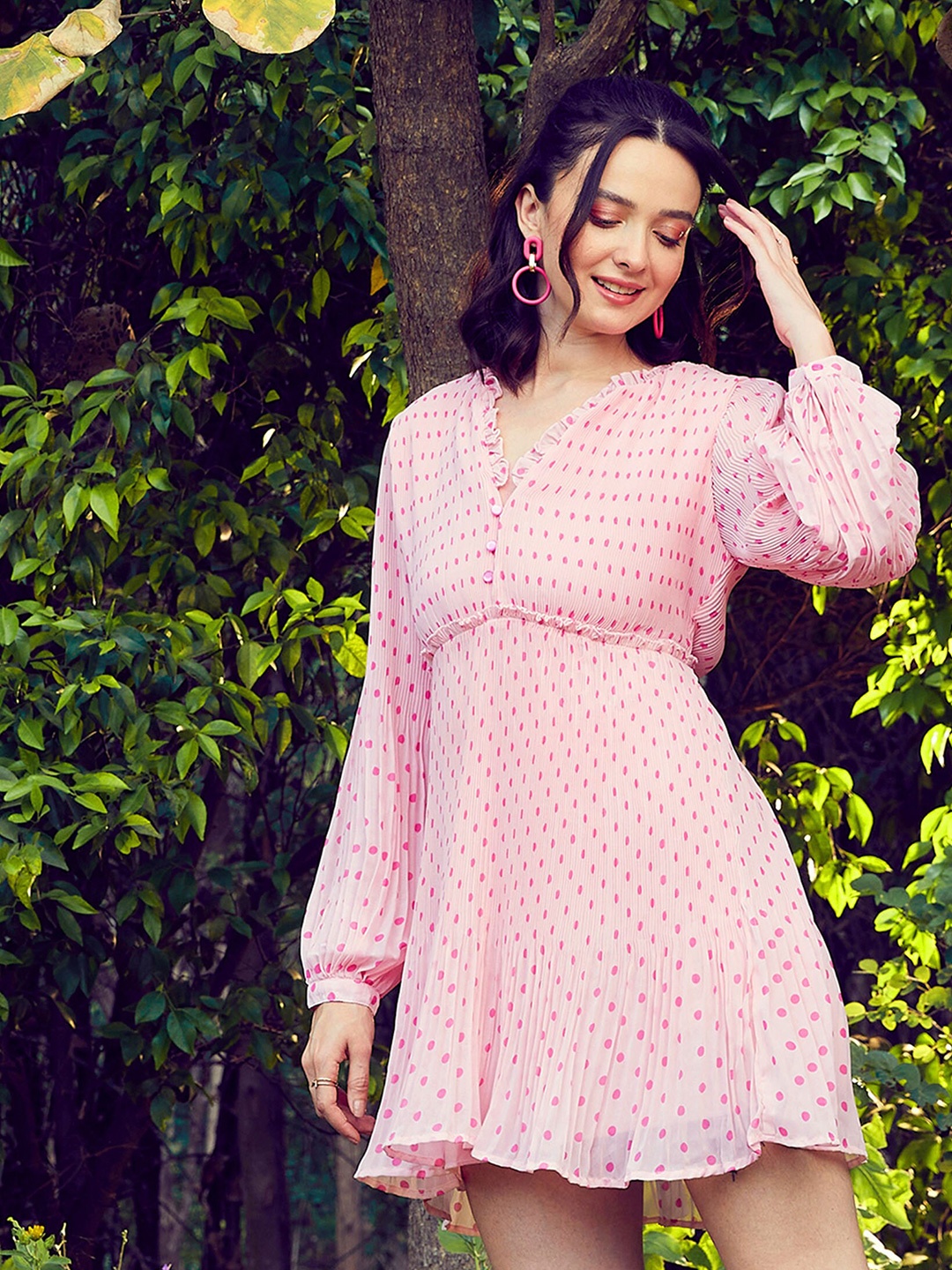 

SASSAFRAS Pink Polka Dots Printed Accordion Pleats Georgette A-Line Mini Dress