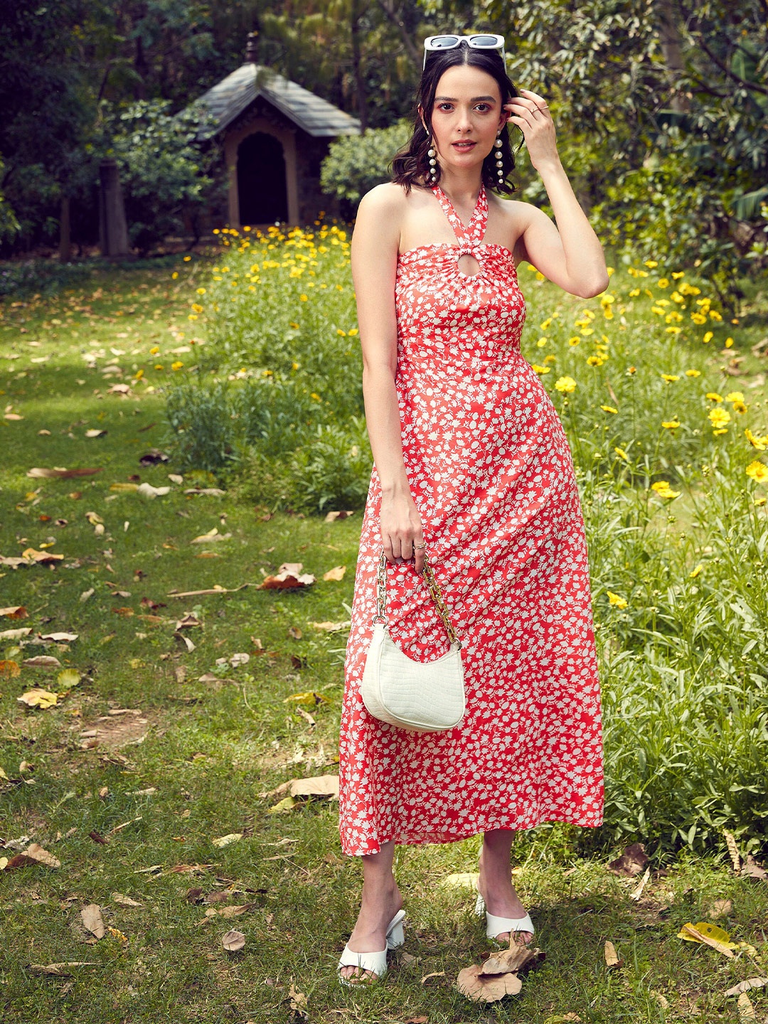 

SASSAFRAS Orange Floral Printed Halter Neck Crepe A-Line Midi Dress