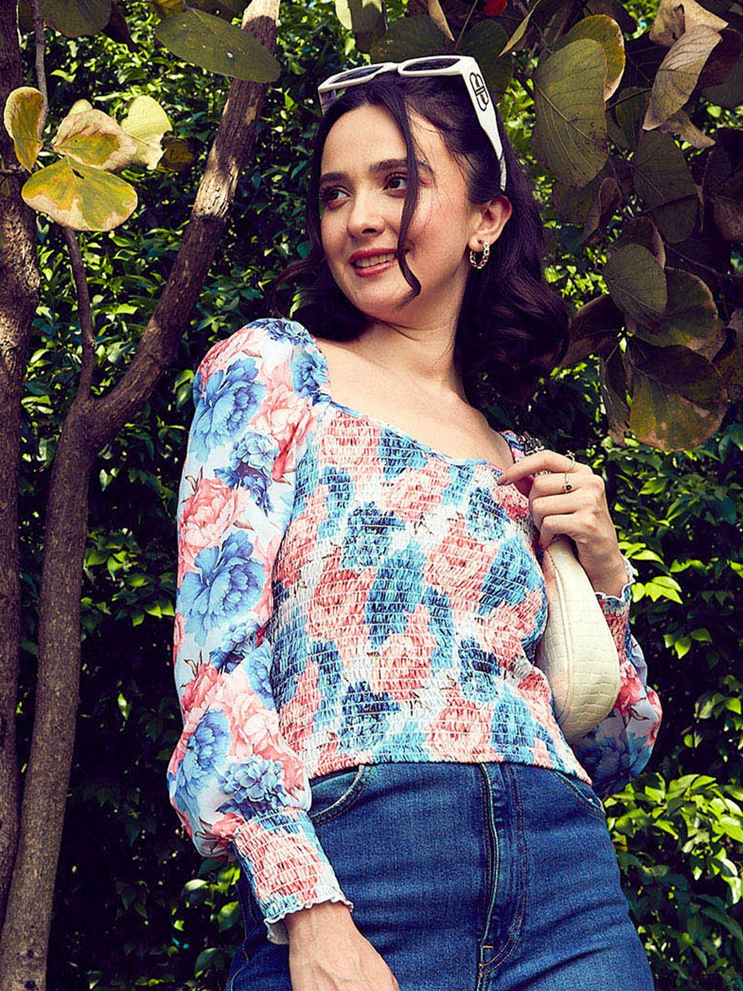 SASSAFRAS Blue Floral Print Puff Sleeves Smocked Georgette Top