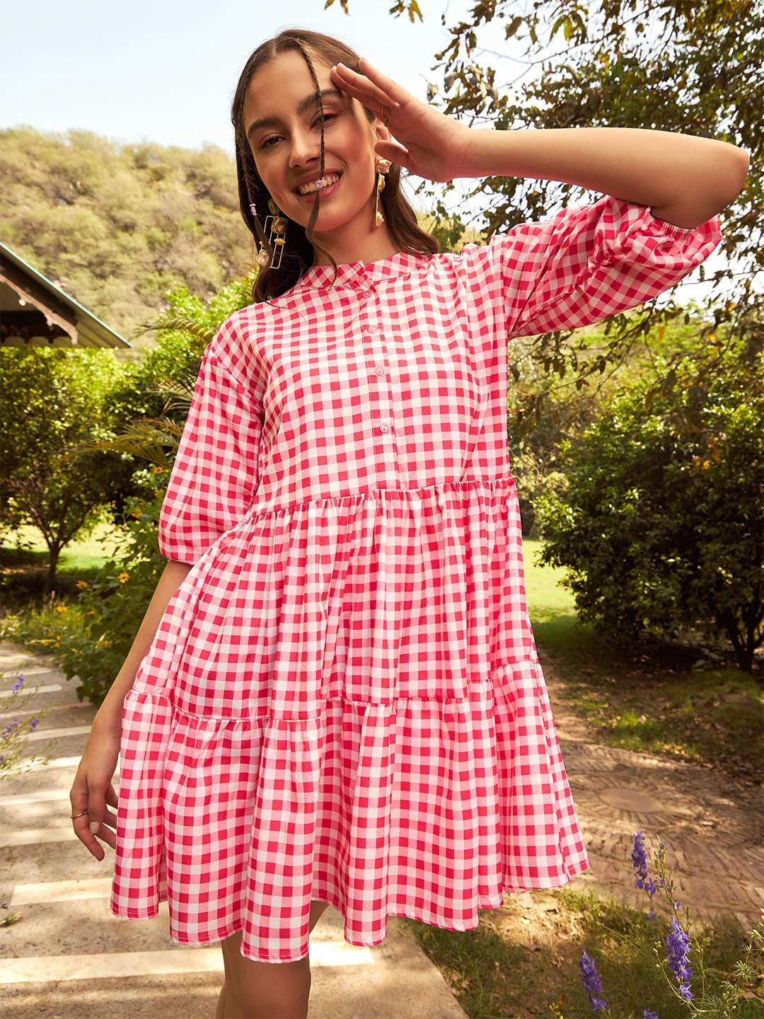

SASSAFRAS Pink Checked Tiered A-Line Mini Dress