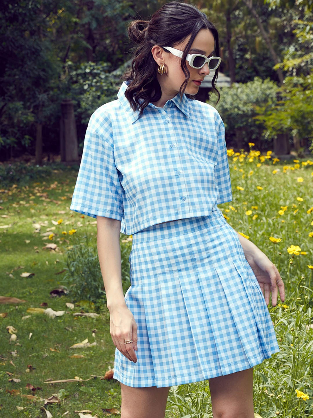 

SASSAFRAS Blue Checked Crop Shirt & Pleated Skirt