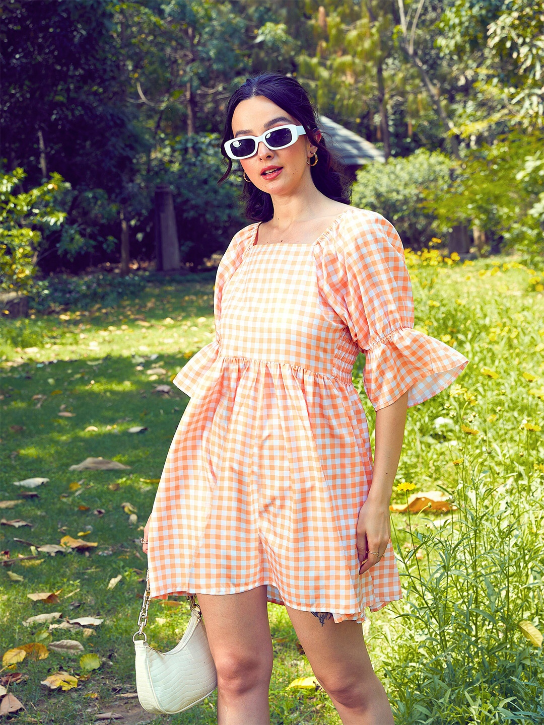 

SASSAFRAS Peach Checked Puff Sleeves Fit & Flare Mini Dress