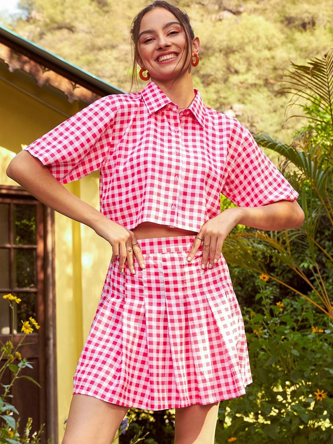 

SASSAFRAS Pink Checkered Shirt With Skirts Co-Ords