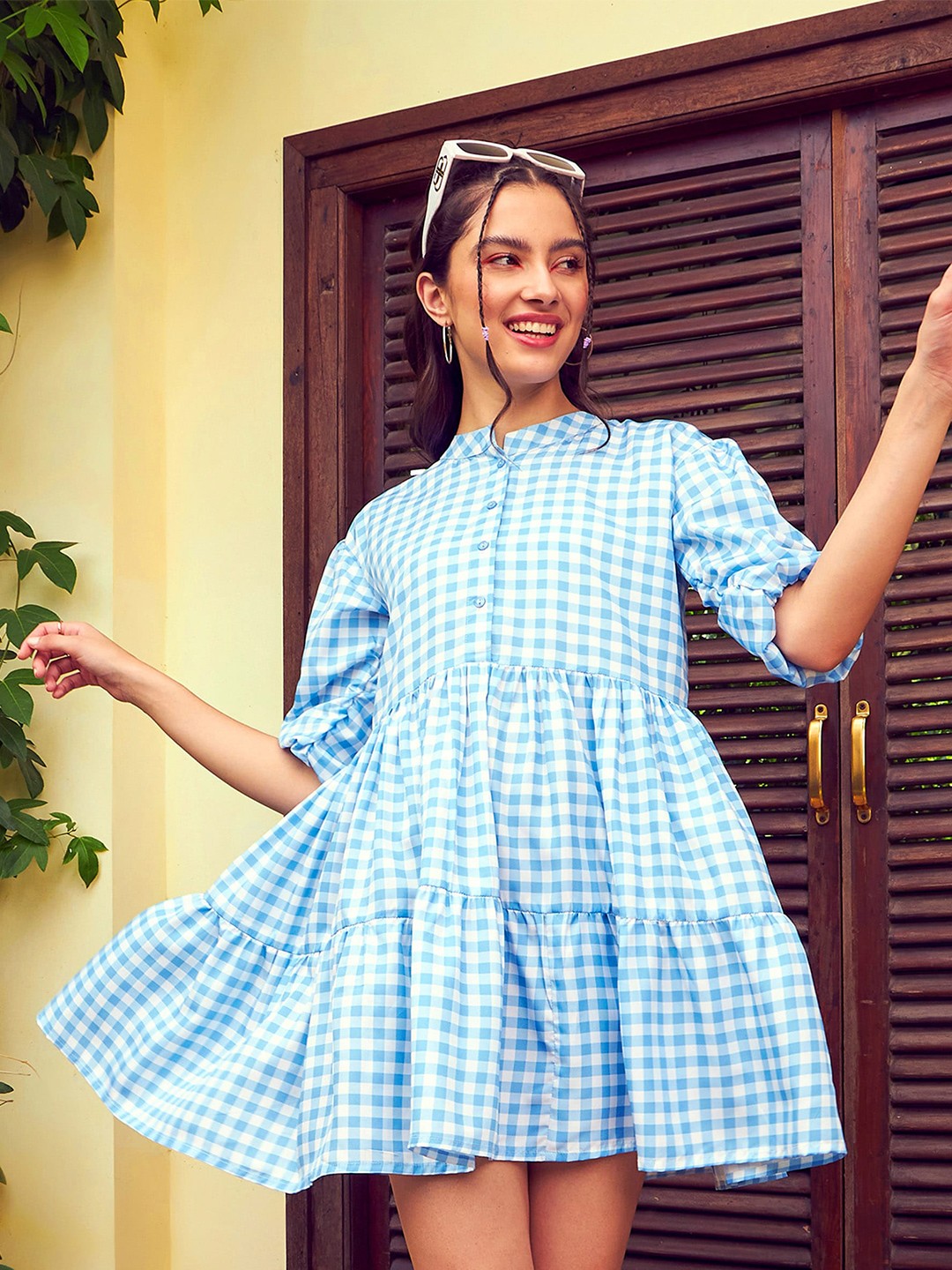 

SASSAFRAS Blue Checked Tiered A-Line Mini Dress
