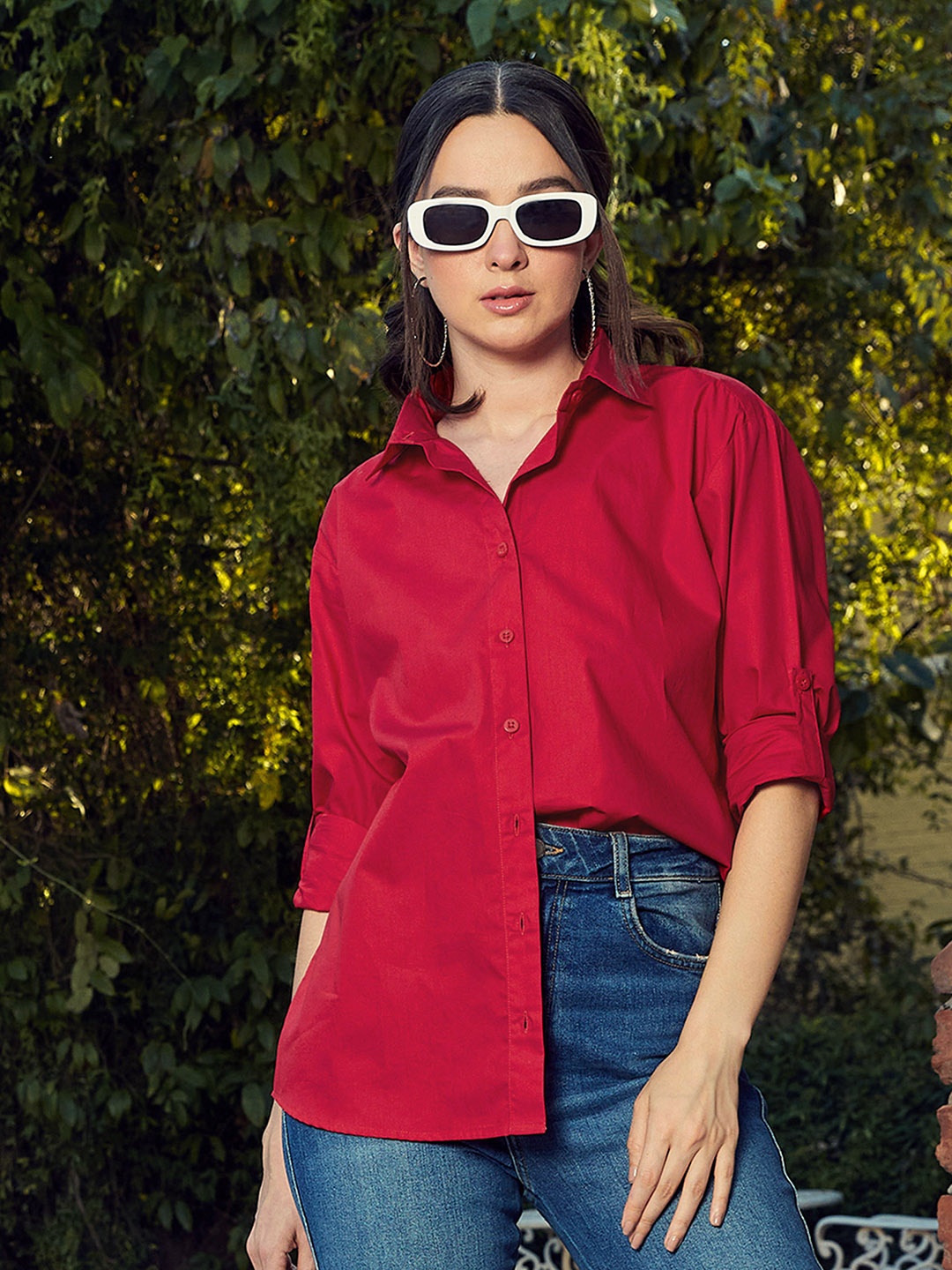 SASSAFRAS Red Boxy Fit Casual Pure Cotton Oversized Shirt