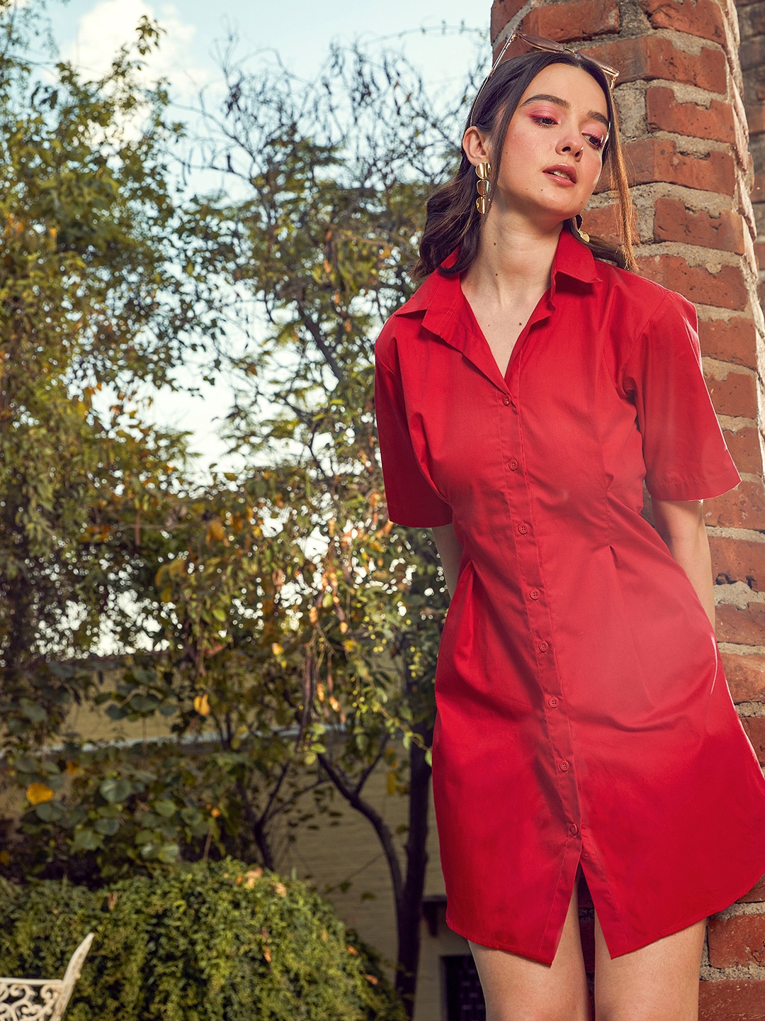

SASSAFRAS Red Smocked Pure Cotton Shirt Mini Dress