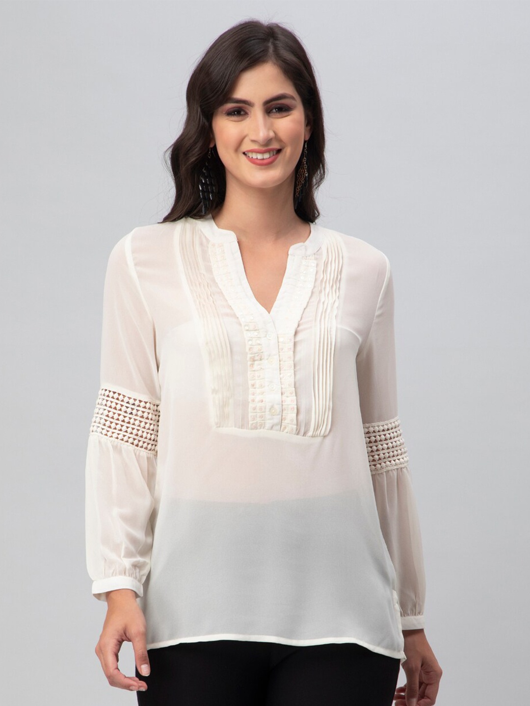 

DEBONATELLA Mandarin Collar Semi Sheer Sequined Georgette Top, White