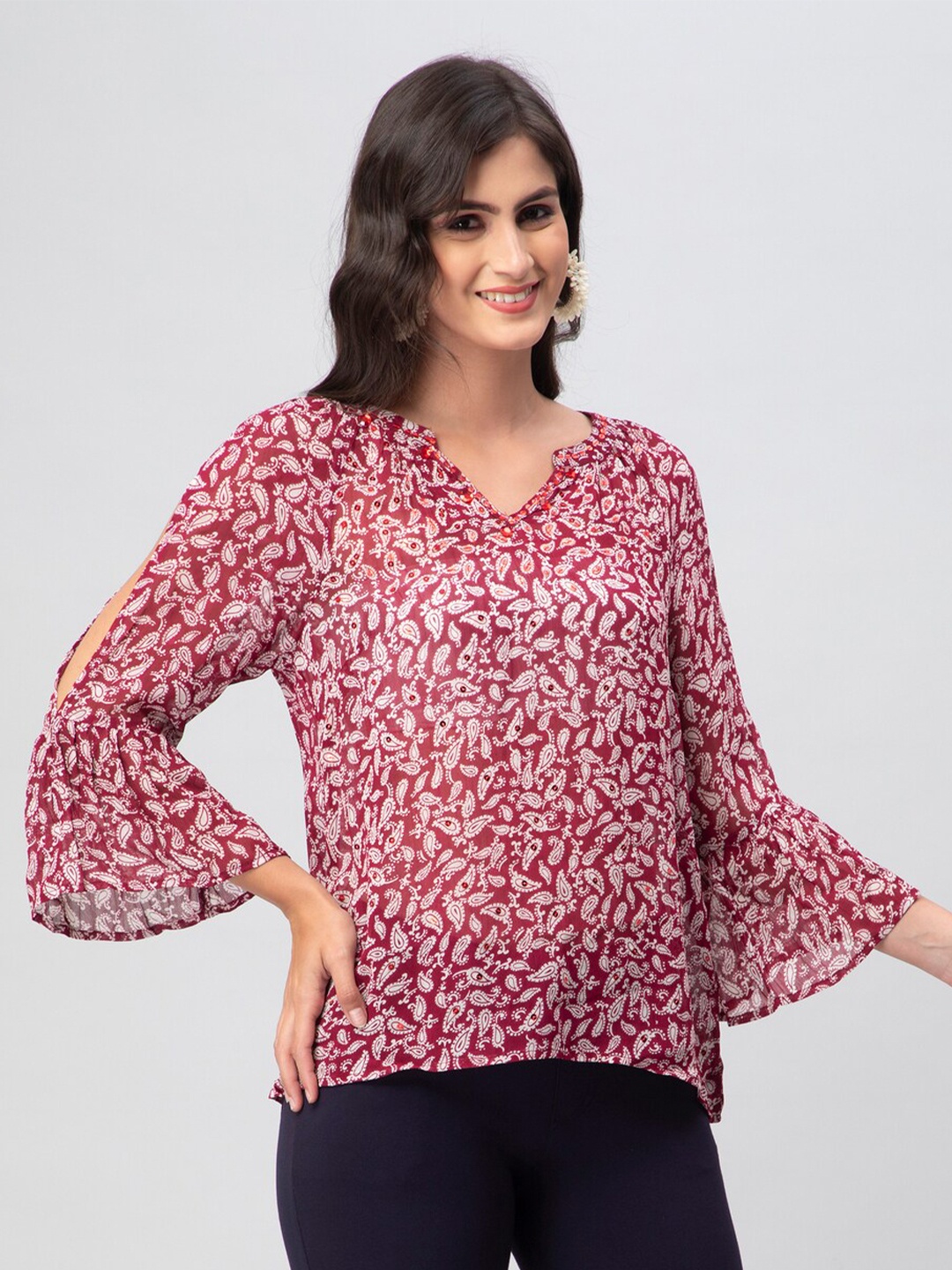 

DEBONATELLA Ethnic Motif Printed Mandarin Collar Bell Sleeves Top, Maroon