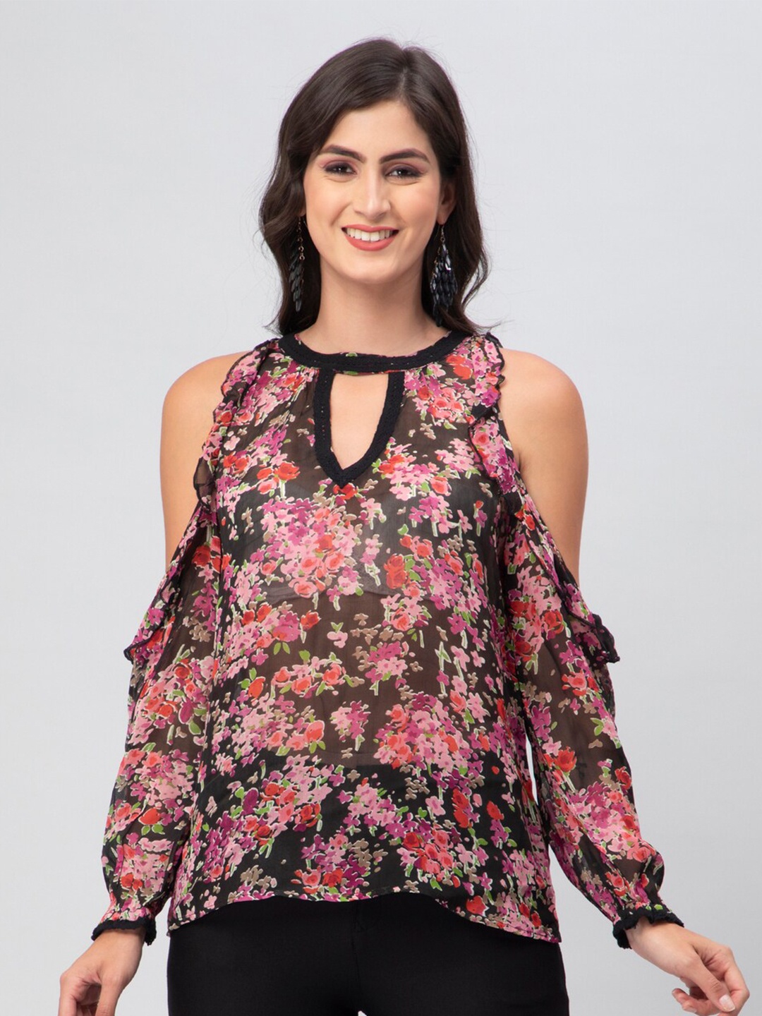 DEBONATELLA Floral Printed Keyhole Neck Cold-Shoulder Georgette Top, Black