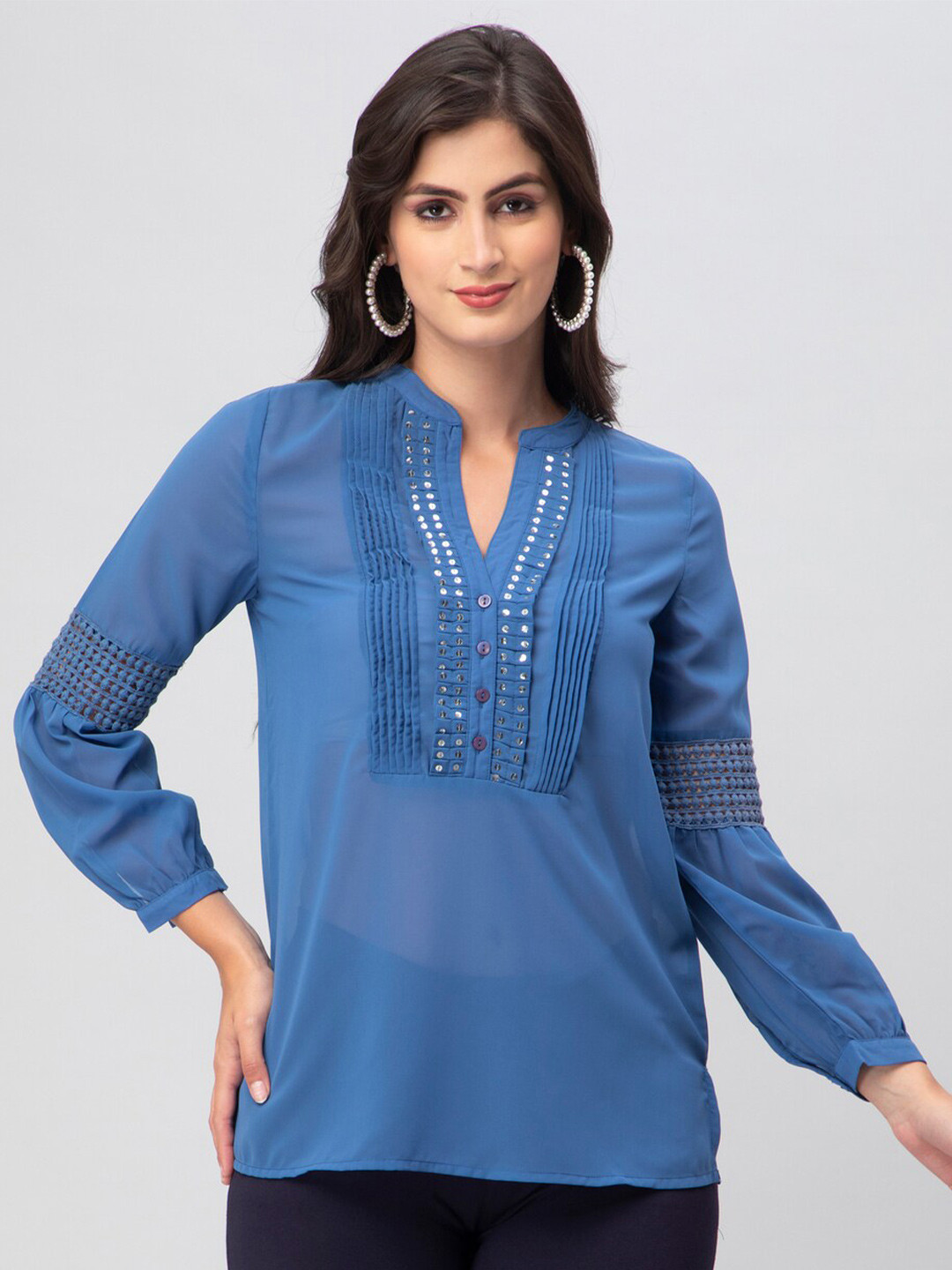 

DEBONATELLA Mandarin Collar Puff Sleeves Sequined Georgette Top, Blue
