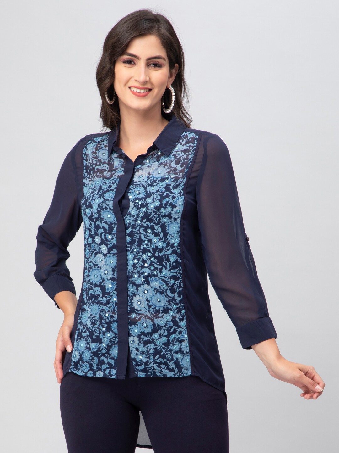 

DEBONATELLA Floral Printed Shirt Collar Cuffed Sleeves Sequined Shirt Style Top, Navy blue
