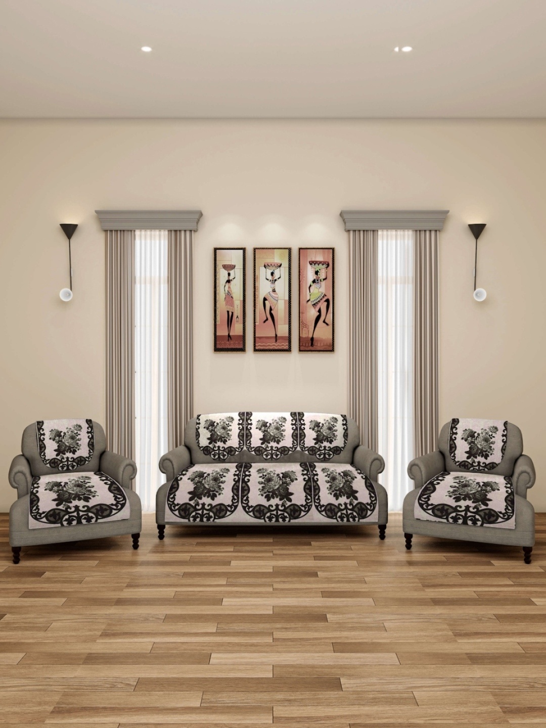 

ROMEE Beige & Black Floral Printed 5-Seater Sofa Covers