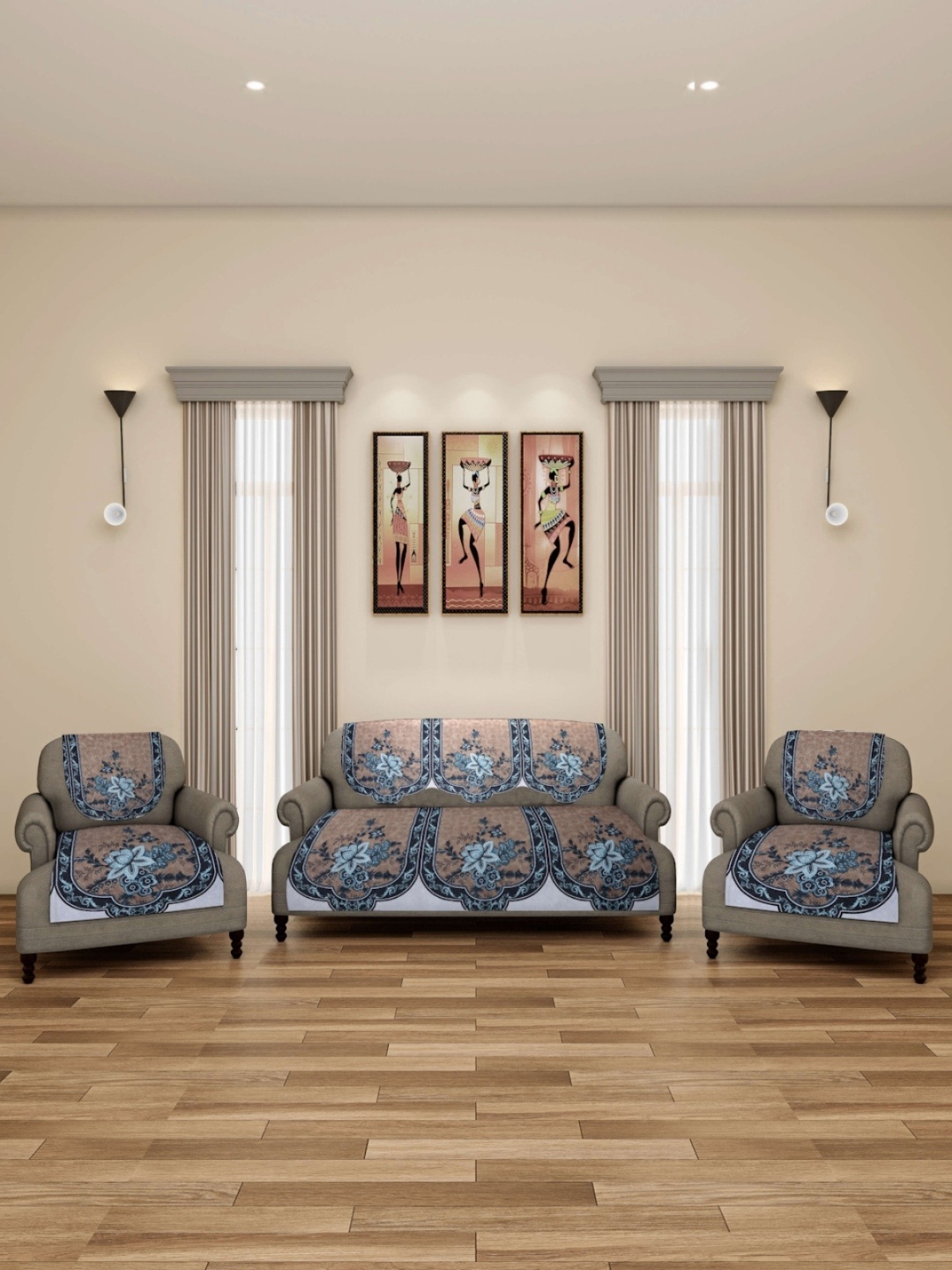 

ROMEE Brown & Blue Floral Printed 5-Seater Sofa Covers