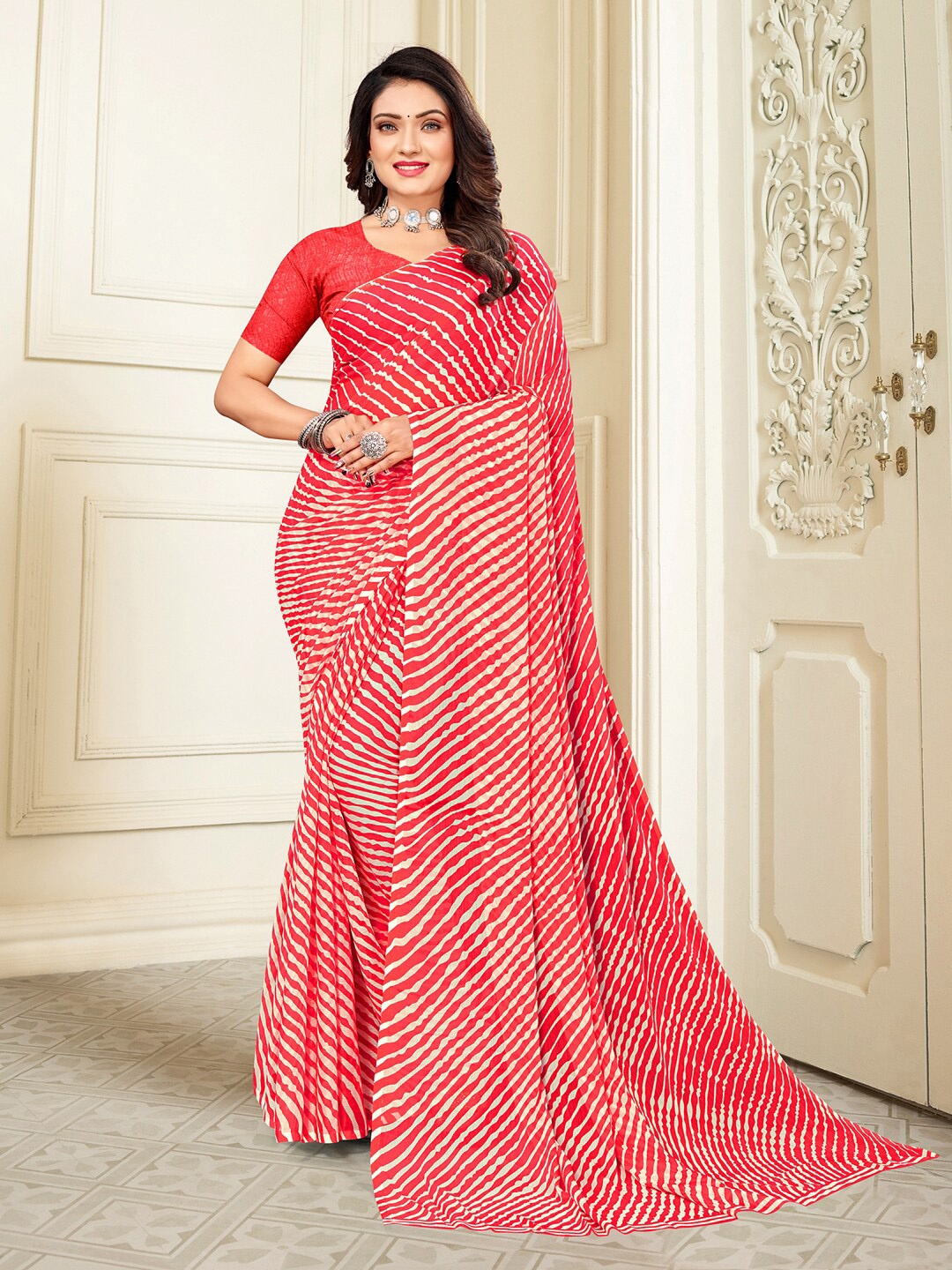 

KALINI Leheriya Printed Pure Chiffon Saree, Pink