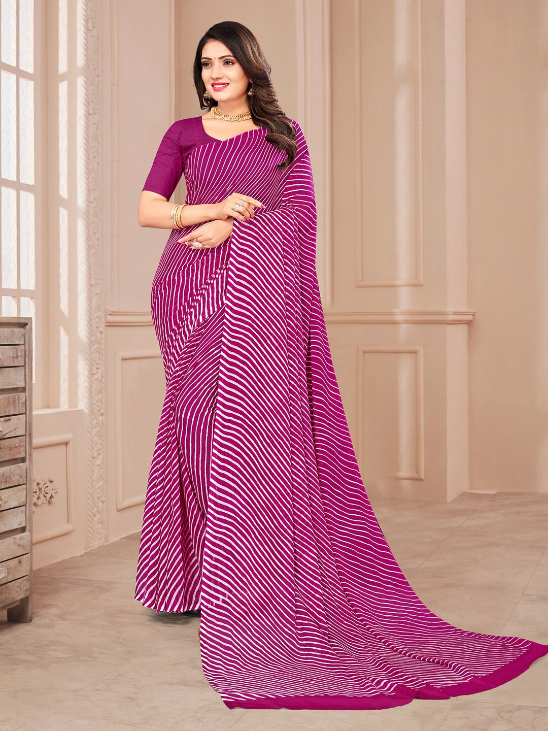

KALINI Leheriya Printed Pure Chiffon Saree, Purple