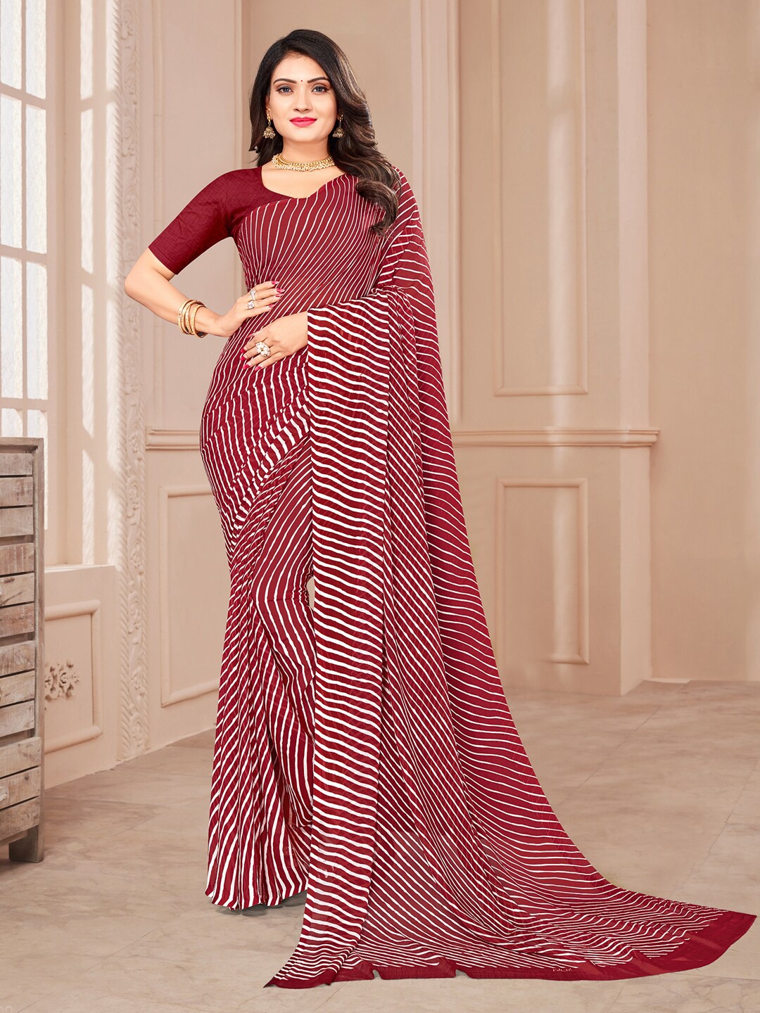 

KALINI Leheriya Printed Pure Chiffon Saree, Maroon