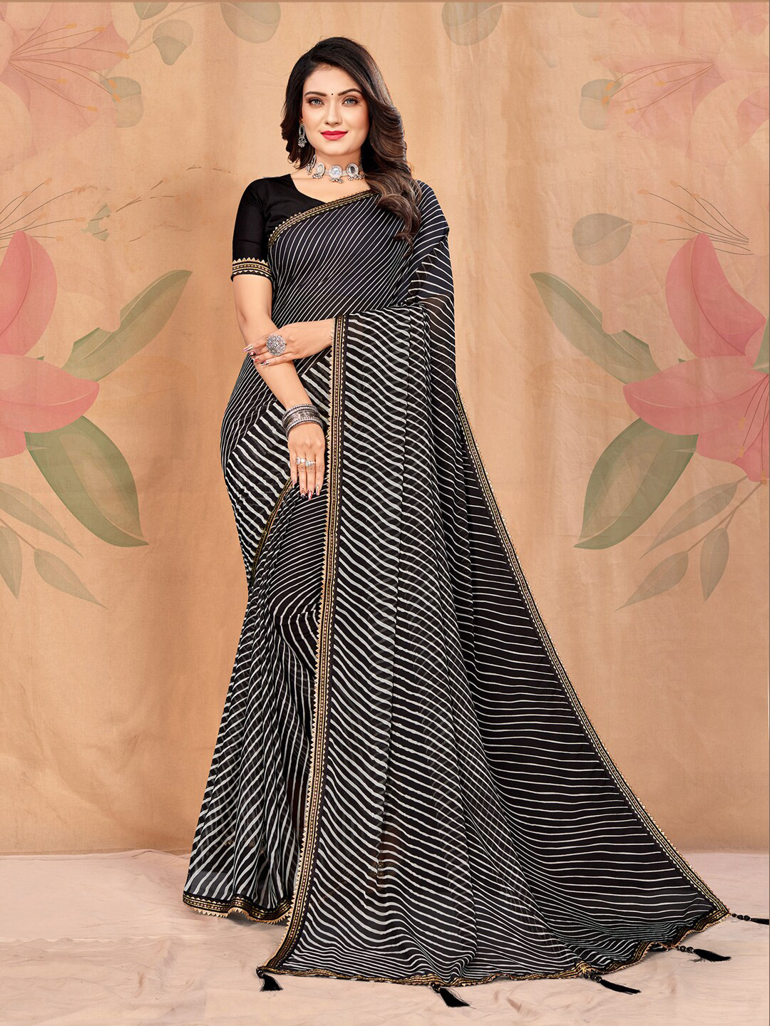 

KALINI Leheriya Printed Embellished Pure Chiffon Saree, Black